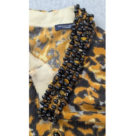 Magaschoni Womens Cashmere Sweater Cardigan L Animal Print Beaded Collar Mobwife - Picture 15 of 16